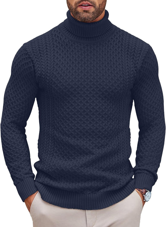 Men's Slim Fit Turtleneck Sweater Casual Knitted Twisted Pullover Solid Sweaters